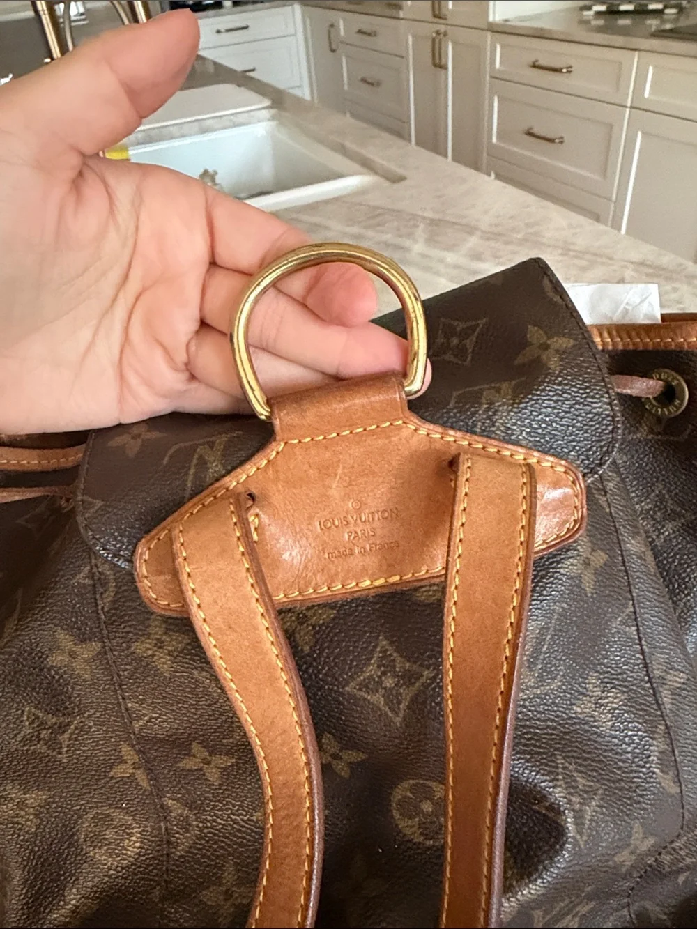 Louis Vuitton Brown Monogram Canvas Backpack with Tan Leather Trim
